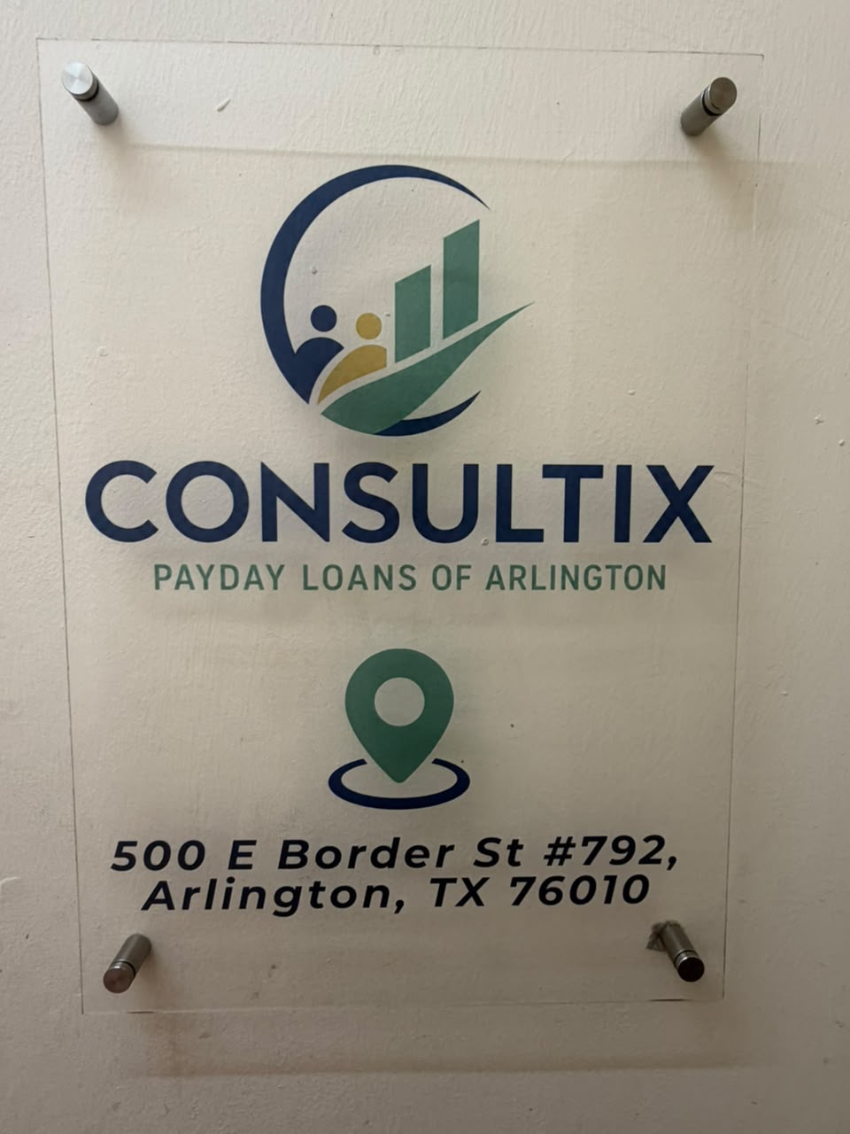 Consultix Payday Loans of Arlington office sign showing the suite address at 500 E Border St #792